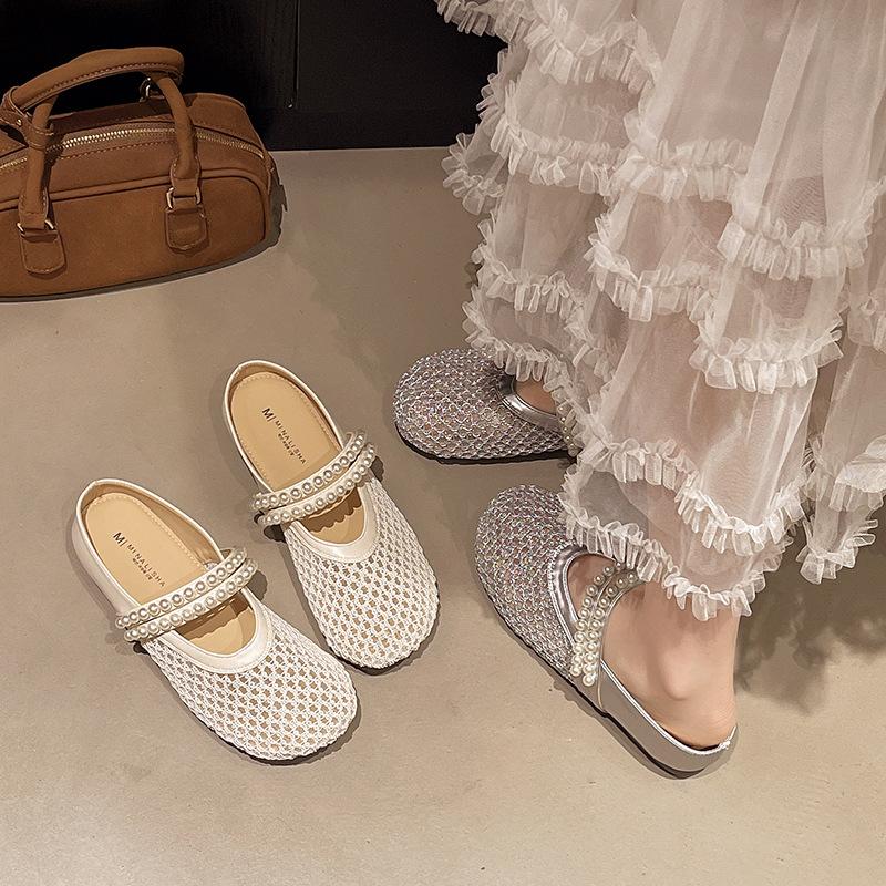 2025 New Thick-soled Mary Jane Shoes Women's Summer Outer Wear Bag Head Half Slippers Shoes Lazy One Pedal Mesh Sandals