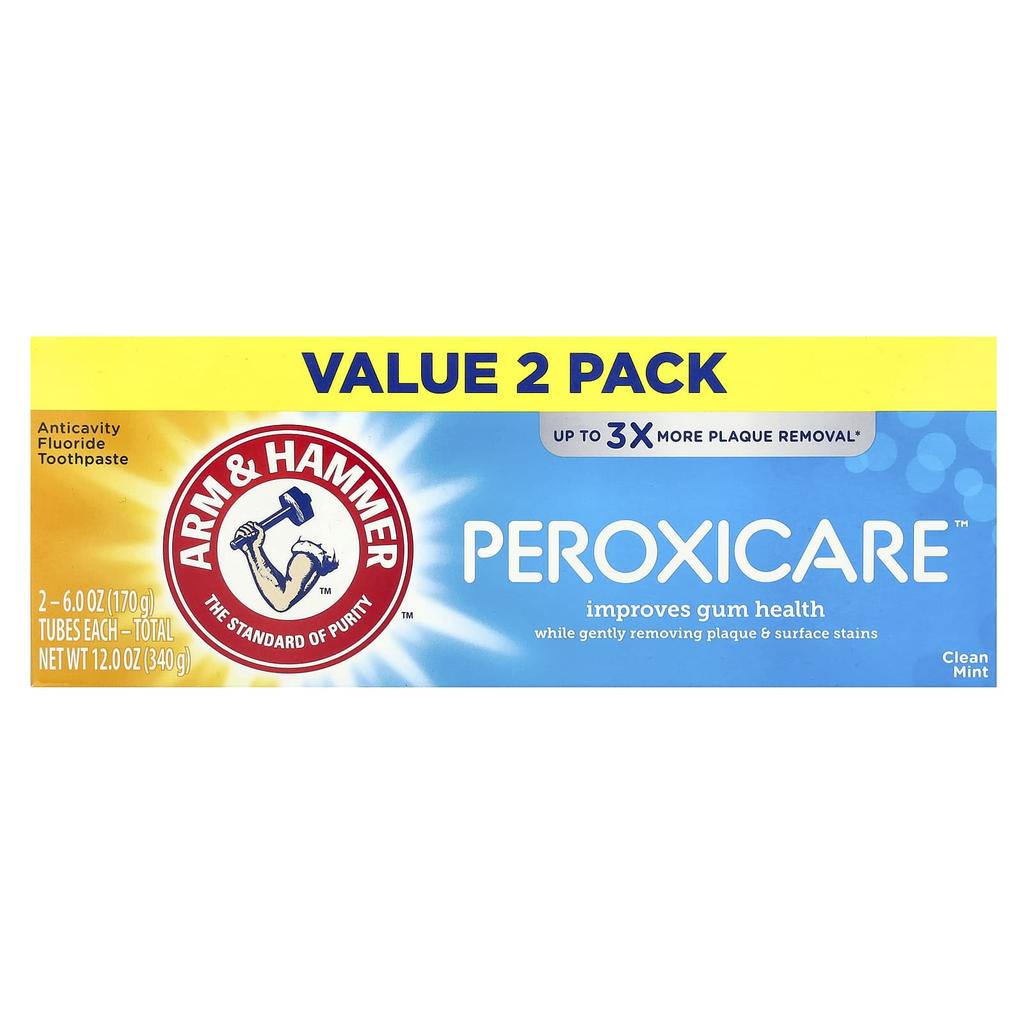 Arm & Hammer, Peroxicare, Deep Clean, Cavity Prevention Fluoride Toothpaste, Clean Mint, Twin Pack, 170G (6.0Oz) Each