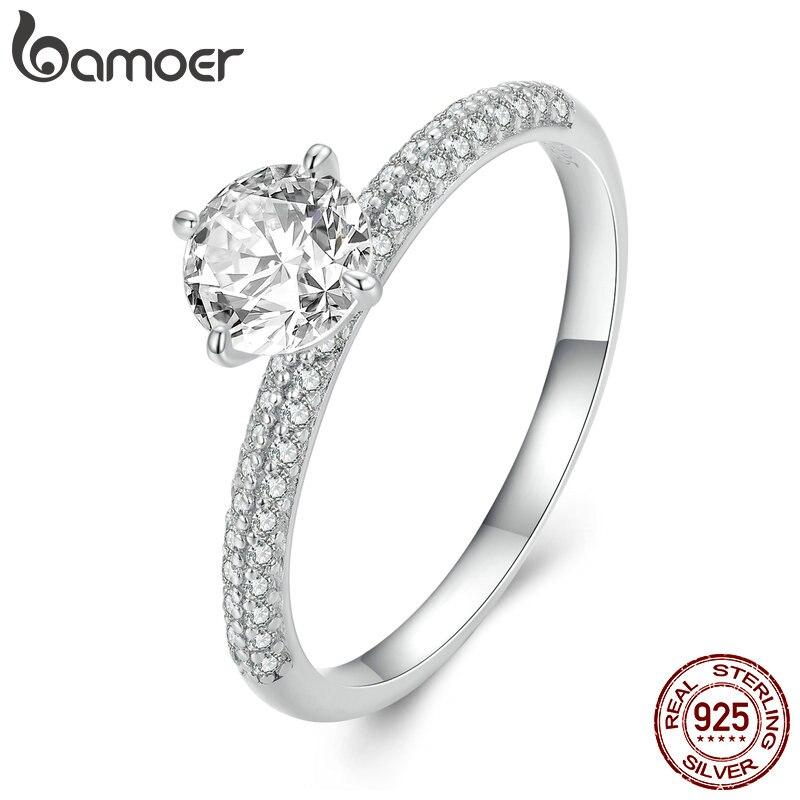 

BAMOER 925 стерлингового серебра Большое прозрачное цирконовое обручальное кольцо для женщин Годовщина Помолвка Свадьба Простые ювелирные изделия