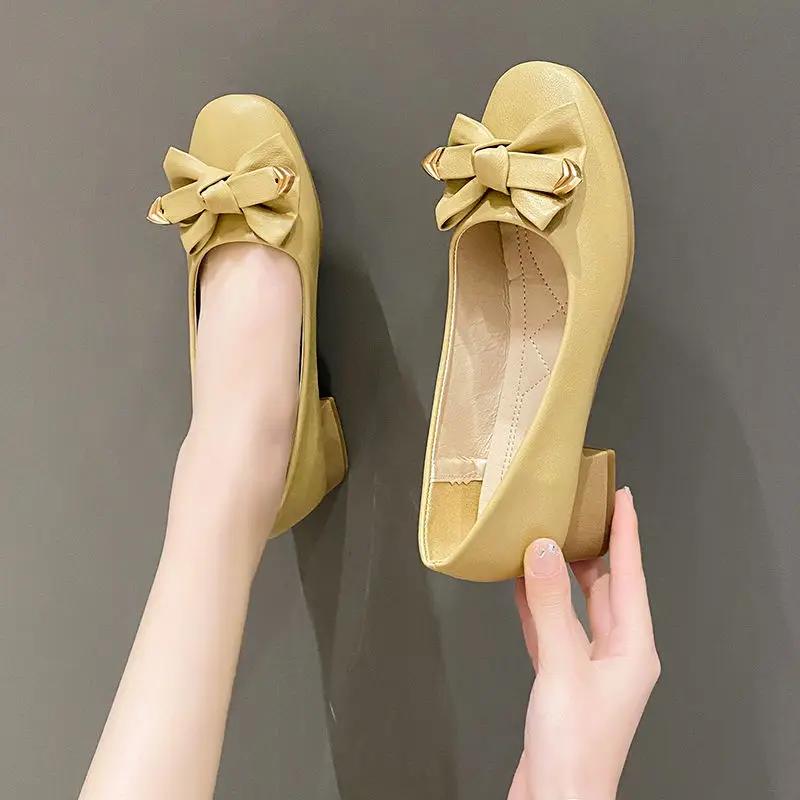 Fashion Women's Shoes Square Heels Toe Ladies Pumps with Bow Medium Popular Wholesale Chic Point on Sale Stylish High Quality Footwear