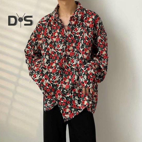 

Весенне-осенняя мужская рубашка с отложным воротником, однобортный ретро-кардиган с длинными рукавами и цветочным принтом, свободный кардиган, винтажный топ средней длины L чёрный