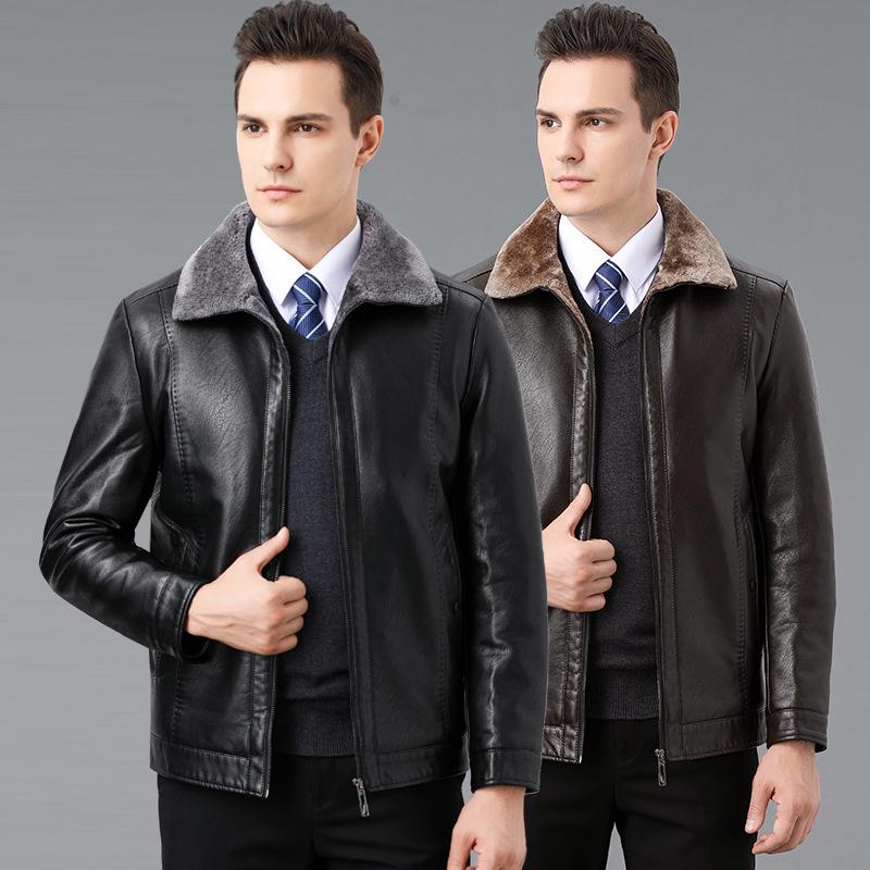 Men's Winter Fleece Lined Genuine Sheepskin Leather Jacket with Fur Trim