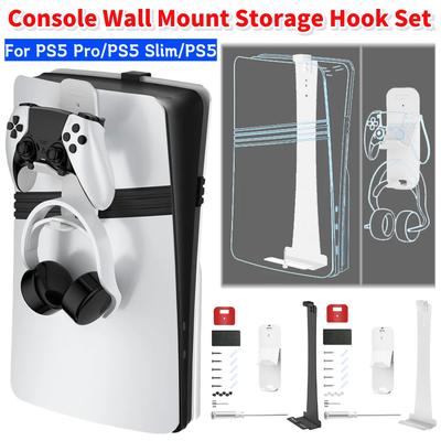 For PS5 Pro/PS5 Slim/PS5 Host Wall Mount Bracket with Controller Headset Hook Controller Headset Display Holder Game Accessories