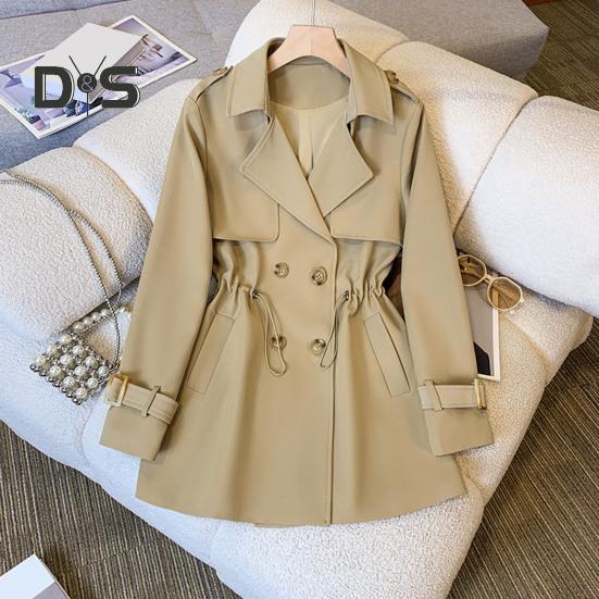 Winter Women Jacket Long Sleeves Elastic Drawstring Waist Pockets Windbreaker Double-breasted Coat Mid Length Windproof Warm Coat