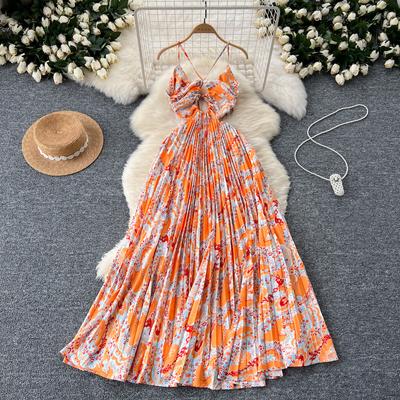 Sommer Damen Pure Desire Sexy Urlaub Herz Hohl Hängender Hals Neckholder Hohe Taille Schlank Bedruckt Plissee Lange Kleider