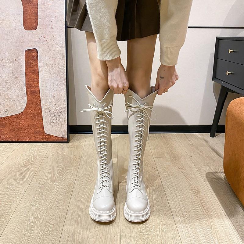 

Autumn and winter warm thick-soled brown boots v-mouth lace-up knight boots thick leg boots high boots women s boots 40 білий
