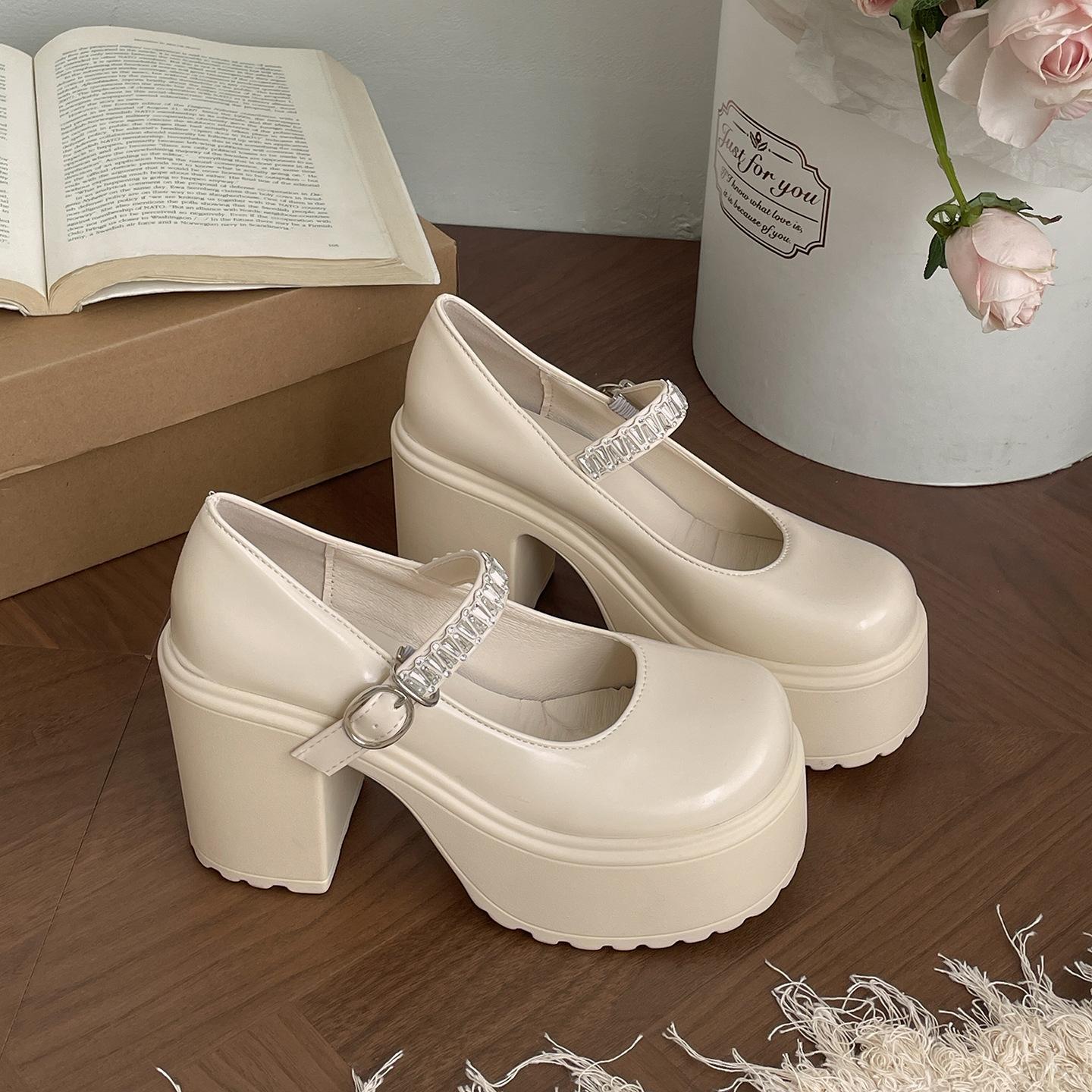 

White French fairy style thick heel high heels female summer 2025 new with skirt light mouth Mary Jane small leather shoes 39 бежевый