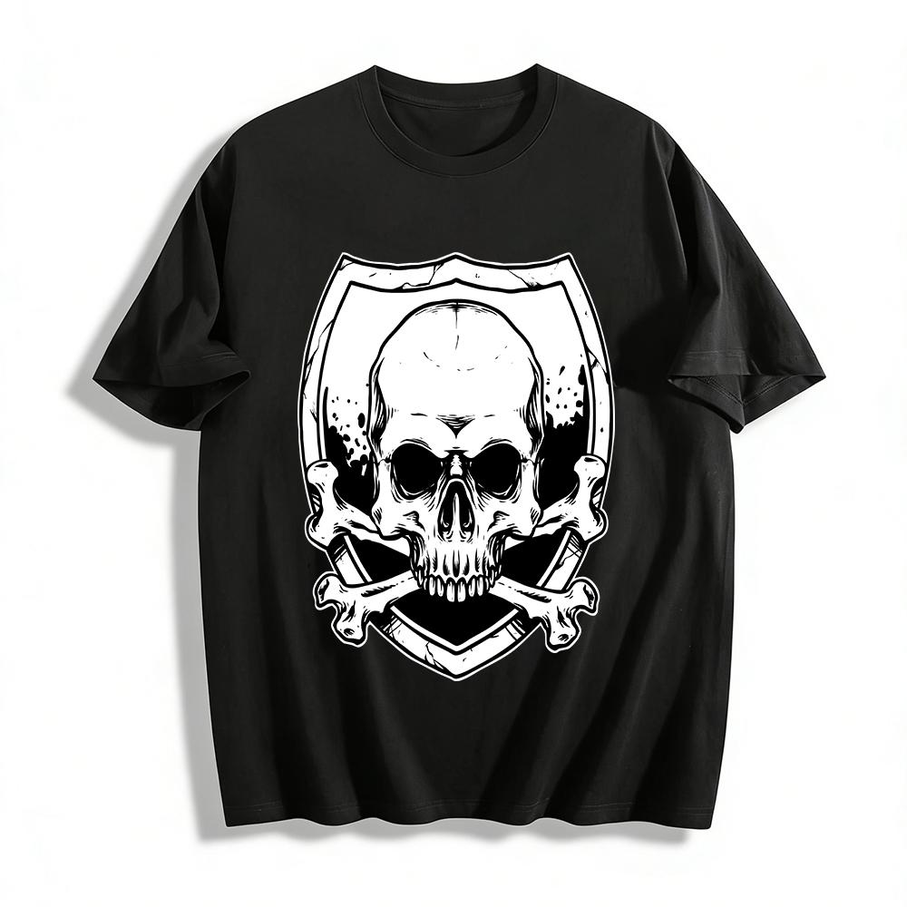 Skull Shield Print Edgy Cool Casual Crew Neck Long Short Sleeve T-Shirt Pure cotton T-shirt XXS