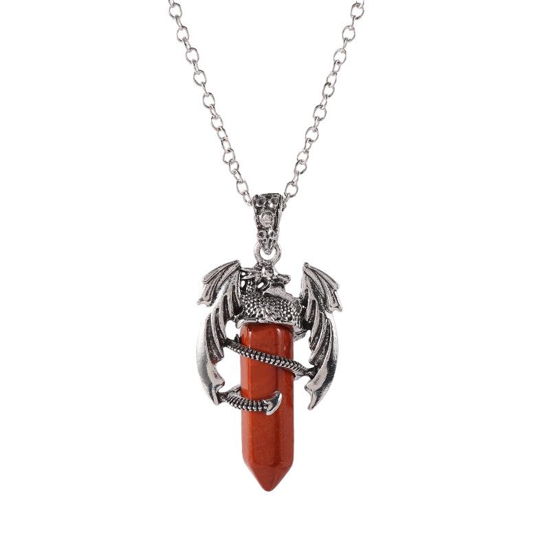 Vintage Flying Dragon Pendant Necklace with Amethyst, Rose Quartz, and Tiger Eye Gems