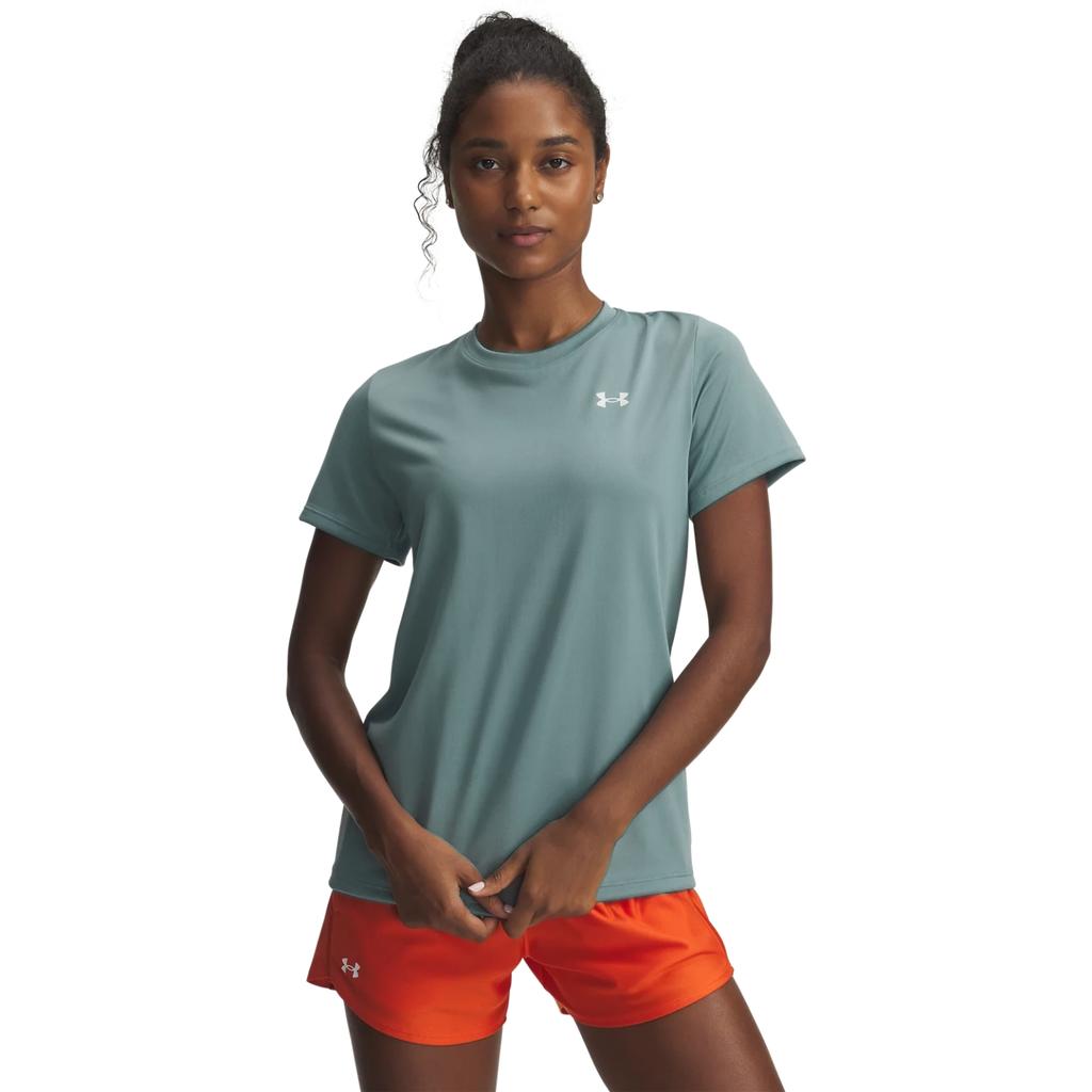 Under Armour Tech Training Breathable Minimalist Solid Color Casual Sports Short Sleeve T-Shirt Women Tops Snake-Pattern Stone-Green 1384231-323