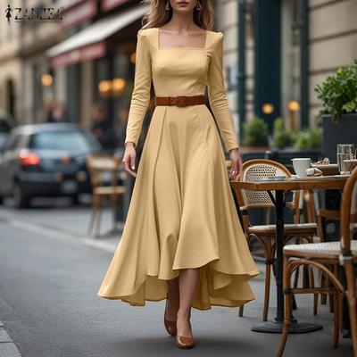 Women Casual Square Collar Elegant Long Sleeve Dress