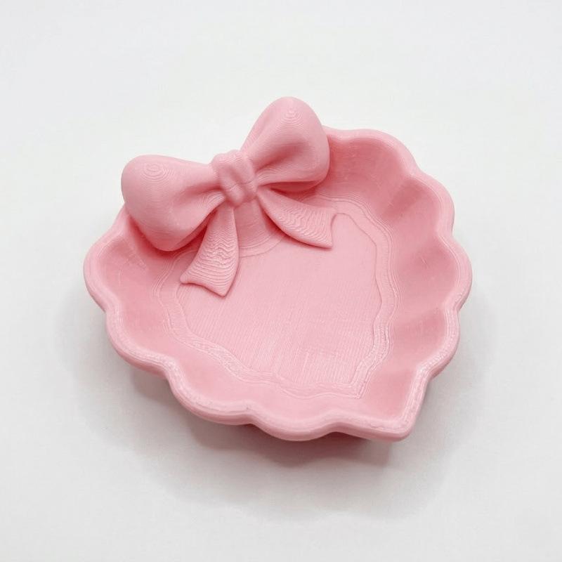 Herzförmige 3D-gedruckte Schmuckschale mit rosa Schleife, Elegante Dekoration für Tisch, Waschbecken & Schreibtisch, Perfekt für die Schmuckaufbewahrung