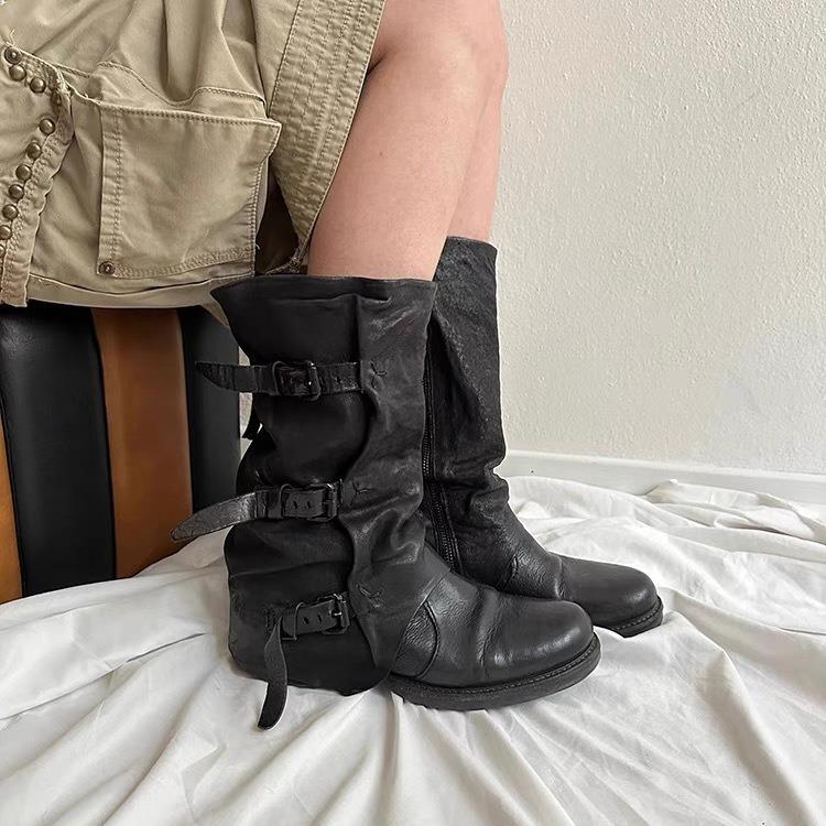 Cowhide version~ genuine leather wasteland wind belt buckle pile boots women's old retro western cowboy boots medium boots