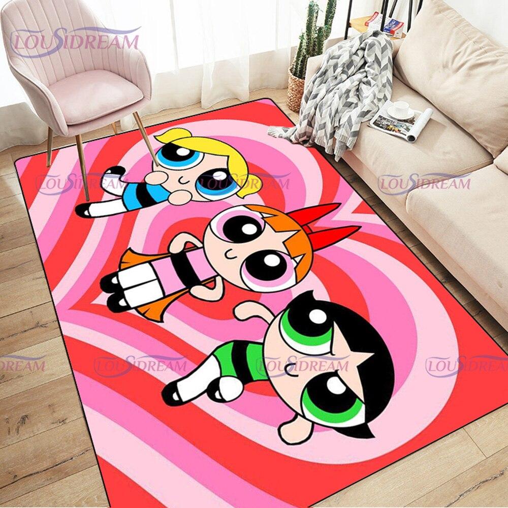 Alfombra de dibujos animados con estampado de Chicas Superpoderosas, decoración para sala de estar y dormitorio, alfombra antideslizante para baño, felpudo para suelo en el pasillo