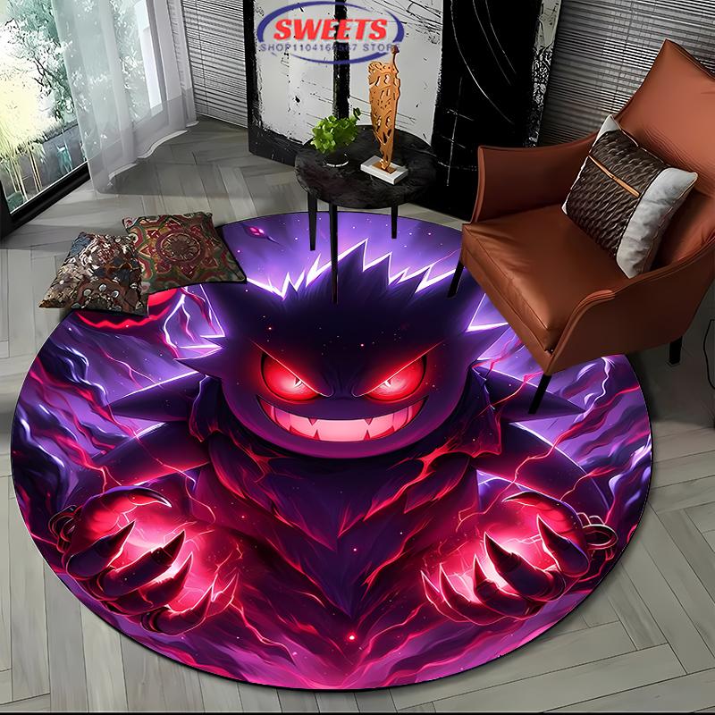Pokemon Gengar Druck Runder Teppich, Kinderzimmer Bodenmatte Rutschfest Wohnzimmerteppich, Waschbarer Teppich für Heimdeko Geschenk Potdemiel