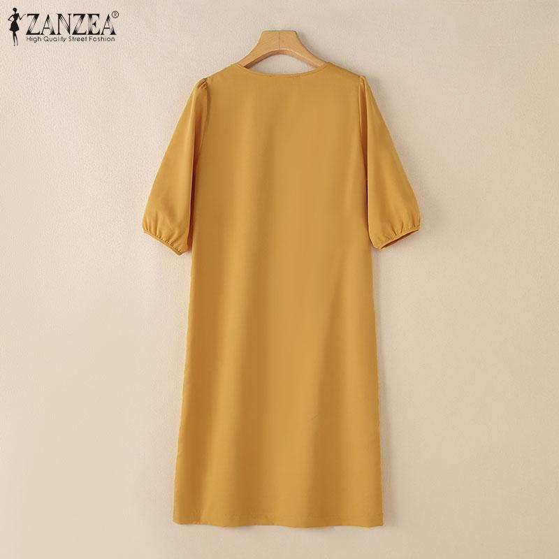 ZANZEA Women Casual V-Neck Loose Summer Half Sleeve Dress