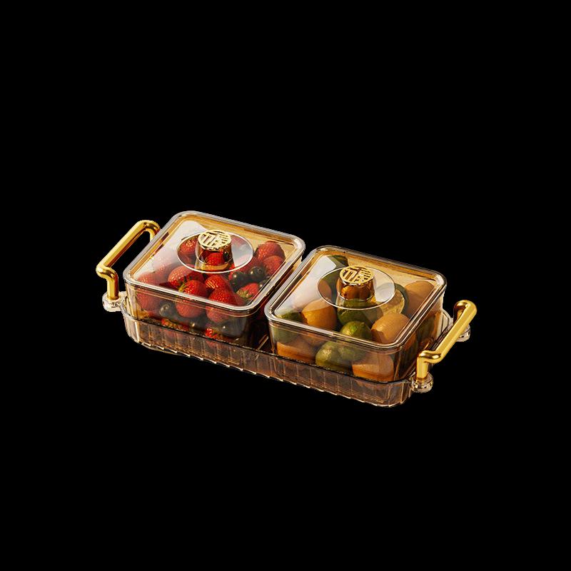 Gold Two-Compartment Divided Serving Platter with Lid and Tray