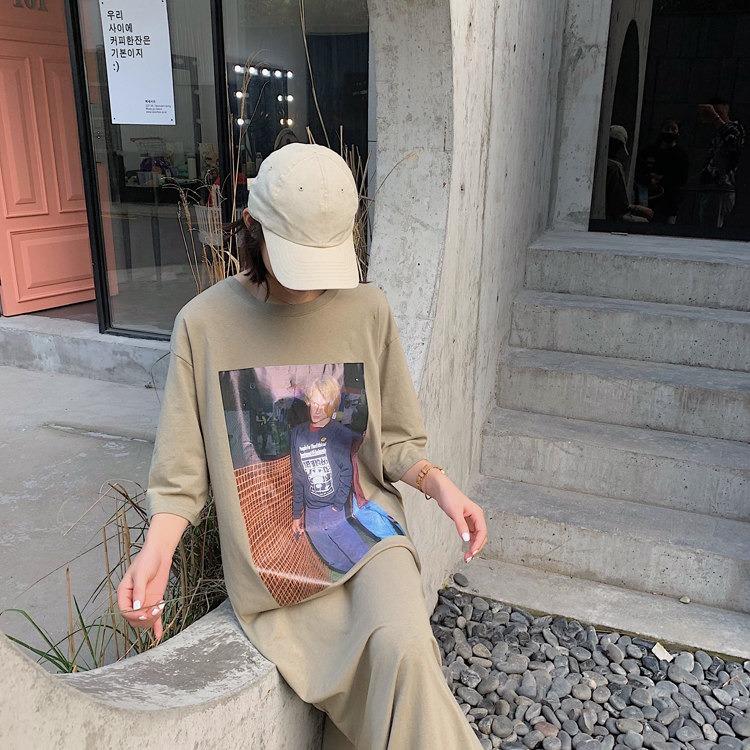 Plus Size Summer Korean Style Dress Women's Printed Long T-Shirt Dress Short Sleeve Loose Casual Dresses