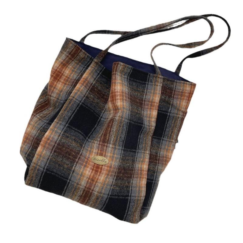11 Winter woolen plaid shoulder bag retro plaid canvas bag large capacity double-sided bag commuter bag