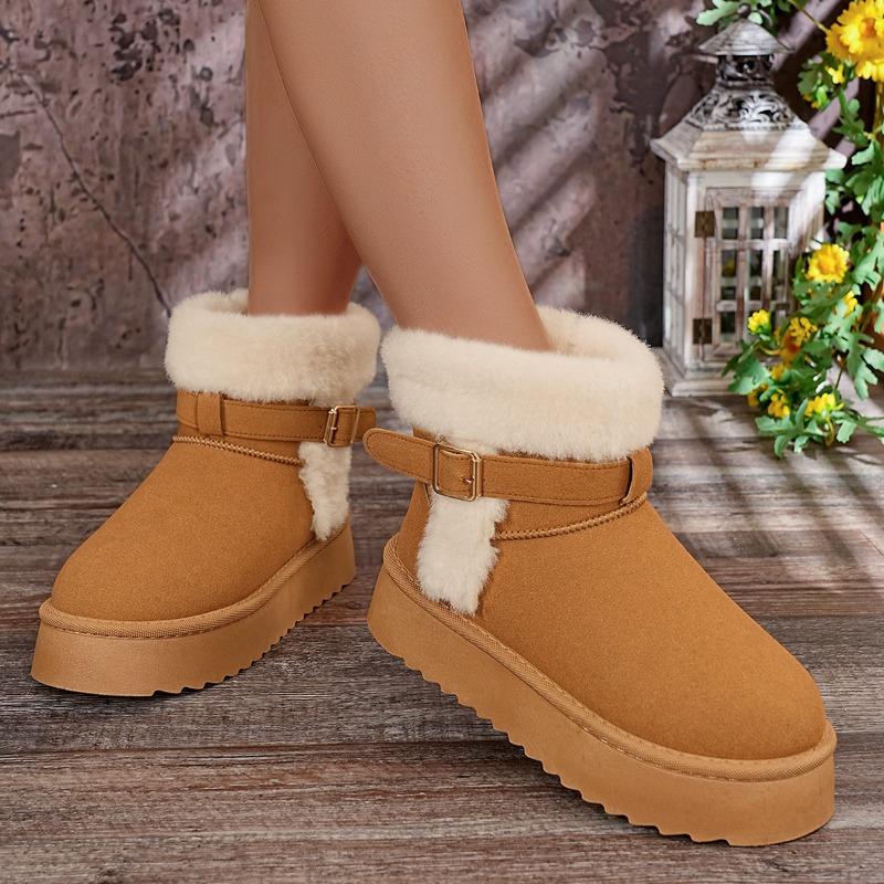 Fashion Fashion Platform Cotton Shoes Winter New Round Toe Suede Metal Buckle Warm Flat Snow Boots