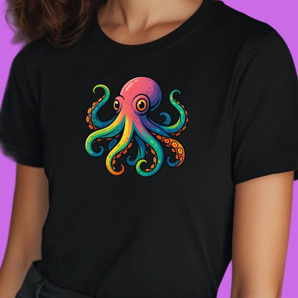 Damen T Shirt Bunter Oktopus Cartoon Tiermotiv Lustig Meer Fun XS bis 3XL ShirtWird in neuem Fenster oder Tab geöffnet