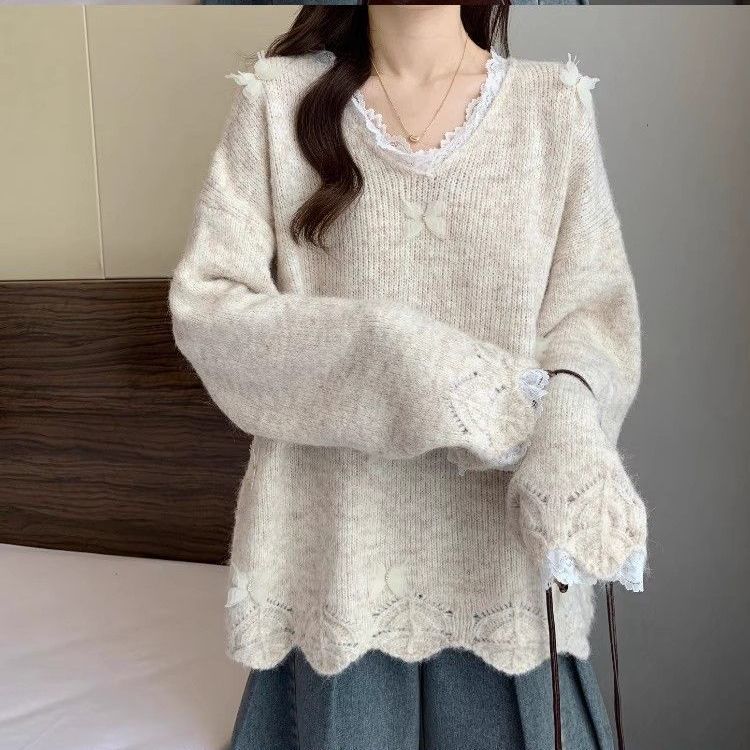 

Large size French lace women s fashion soft waxy sweater V-neck loose and thin top S (recommended 40-45kg ) абрикосовий