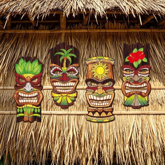 4 Stück Gesichtsmaske Dekor Massivholz Handbemalt Tiki Gesichtsmaske Tropischer Hawaiianischer Stil Wanddekoration Strand Poolbereich Dekoration