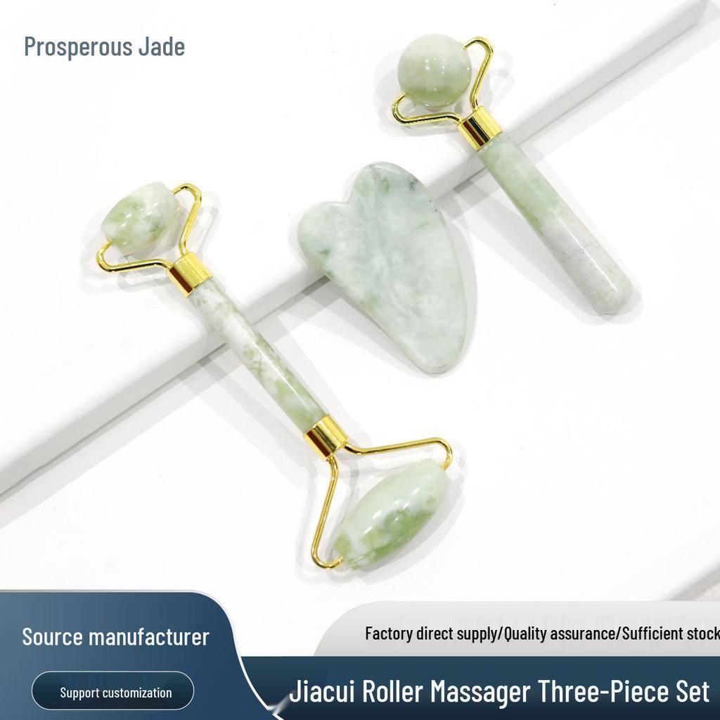 Jade Roller & Gua Sha Beauty Set - Double Roller Massager with Small Cow Horn & Large Ball Massage Tools.