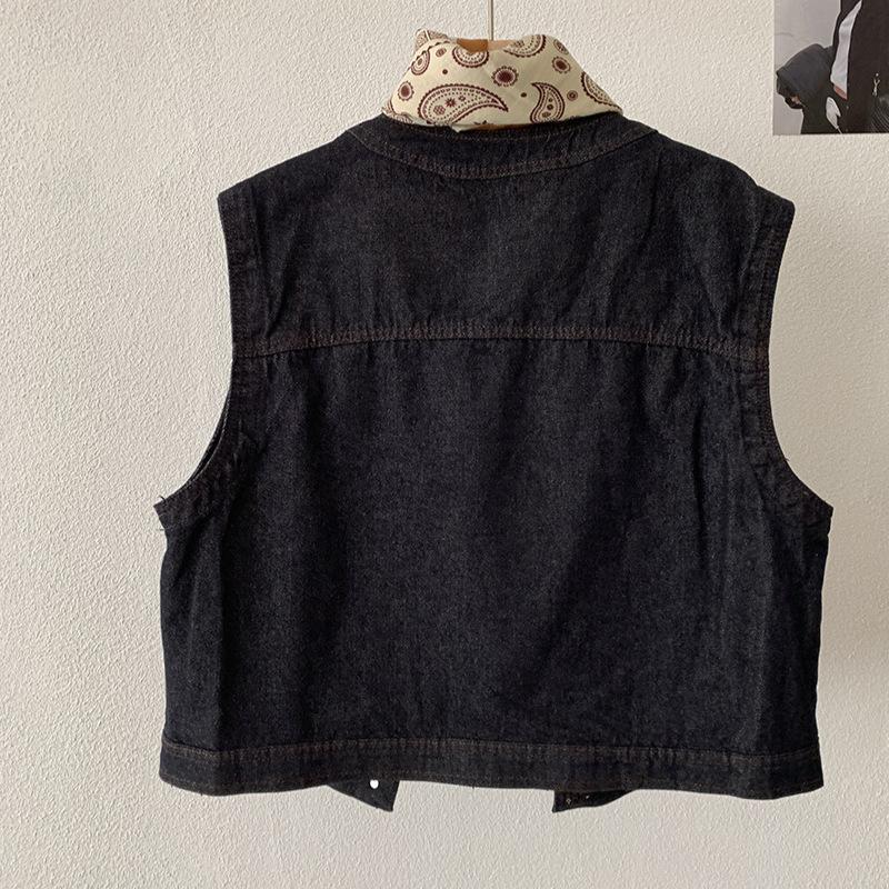 Frühling Herbst Vintage Rundhals Locker Lässig Denim Weste Damen Ärmellos Alleskönner Tasche Tanktop