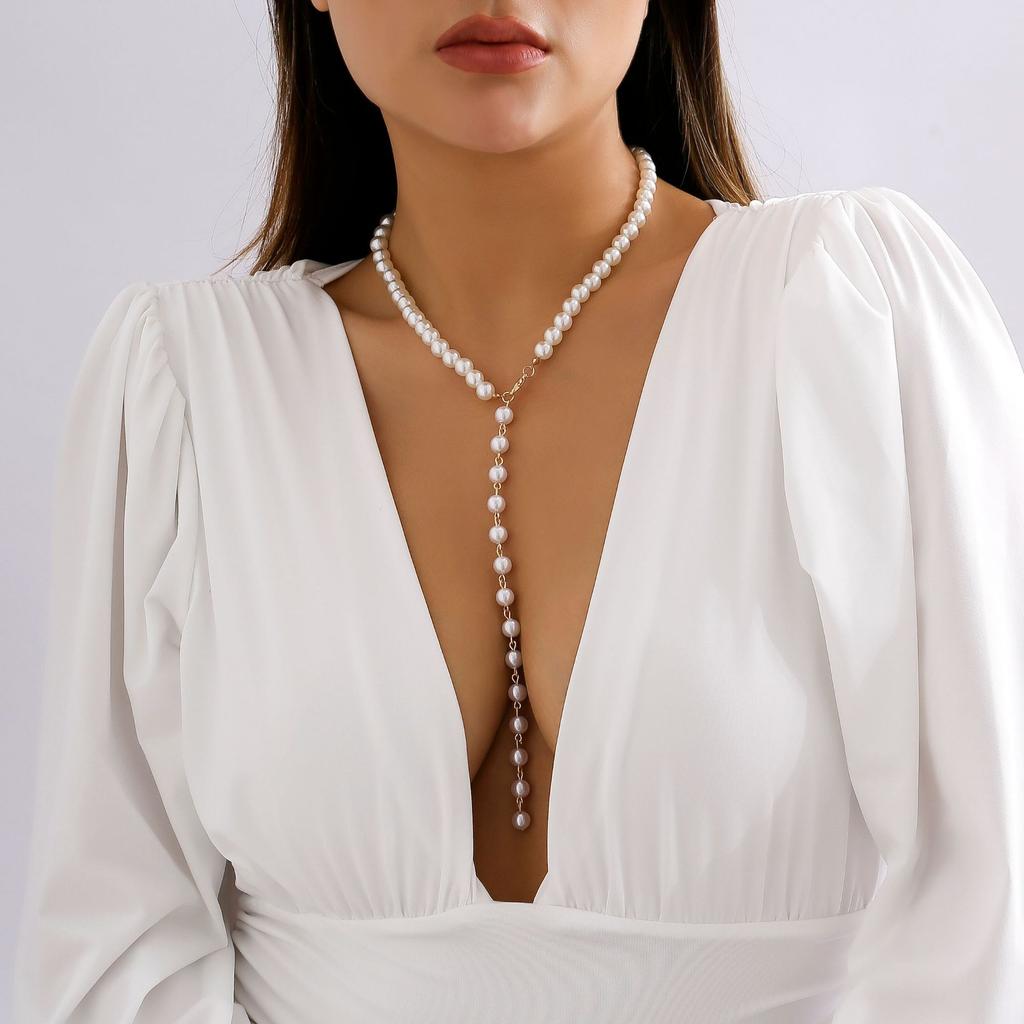 French retro Y-shaped beaded necklace, temperament long imitation pearl fringed necklace for women