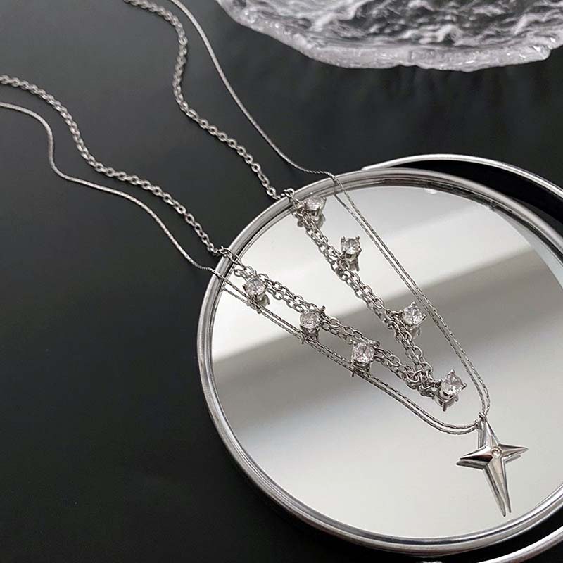 Romantic Bilayer Asterism Pendant Necklace for Women Sparkling Rhinestones Star Heart Bead Choker Y2K Accessories Fine Jewelry