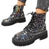 Large size short boots women's autumn and winter new printed round head lace-up low-heeled high-top Martin boots women's boots