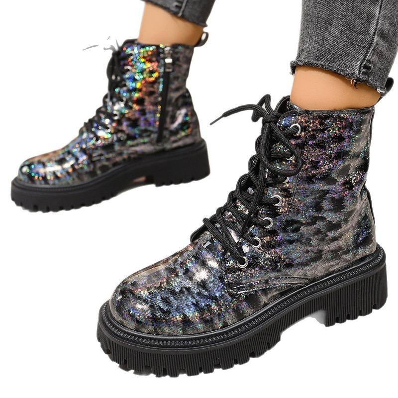 Large size short boots women's autumn and winter new printed round head lace-up low-heeled high-top Martin boots women's boots