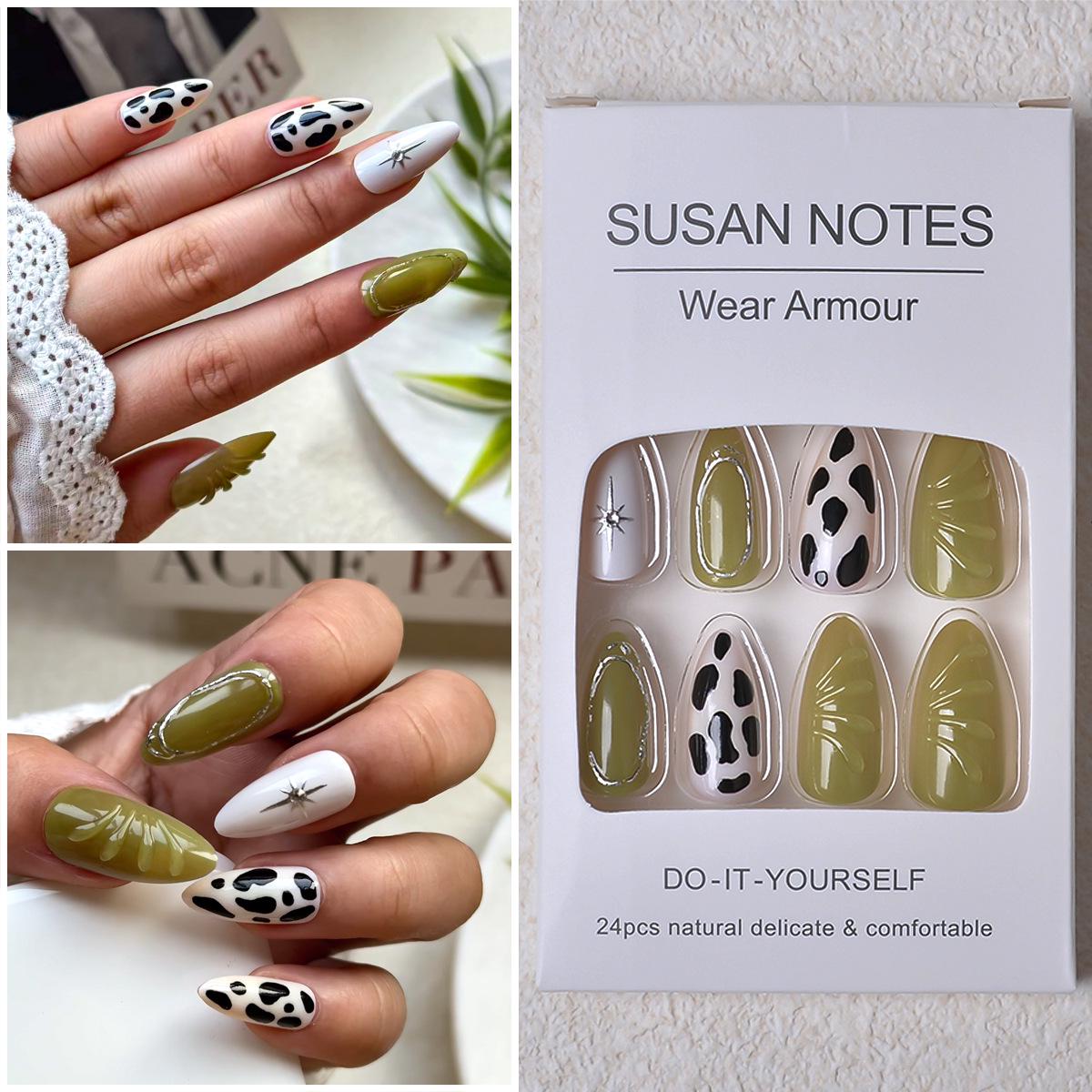 24 шт. Черно-белые накладные ногти с принтом коровы, Миндалевидные наклейки для нейл-арта, Ручная работа, Носимые ногти с клей-каплей