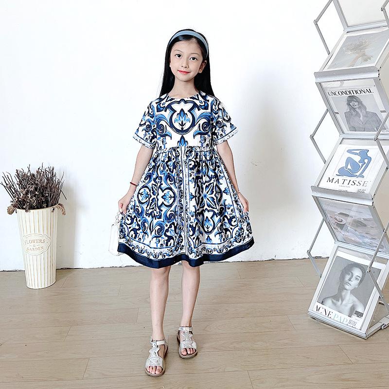 2025 European & American Style Blue & White Porcelain Spaghetti Strap Sleeveless Dress for Girls