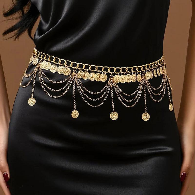 Ethnic Style Metal Retro Coin Waist Chain Women'S Adjustable Dress Waist Seal Love Butterfly Flower Fringed Belt