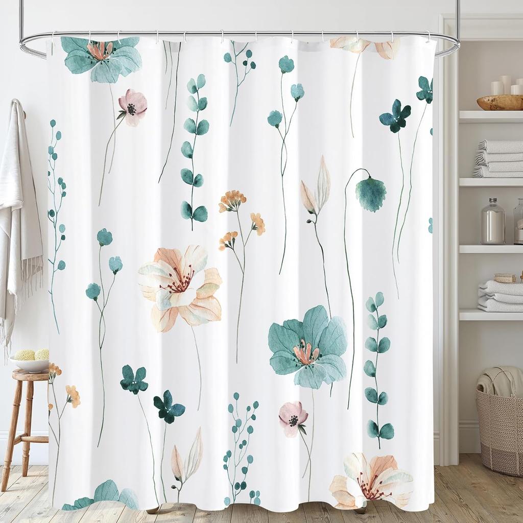 Teal & Beige Watercolor Floral Shower Curtain – Modern Minimalist Design, Elegant Bathroom Decor 72x72 Inch