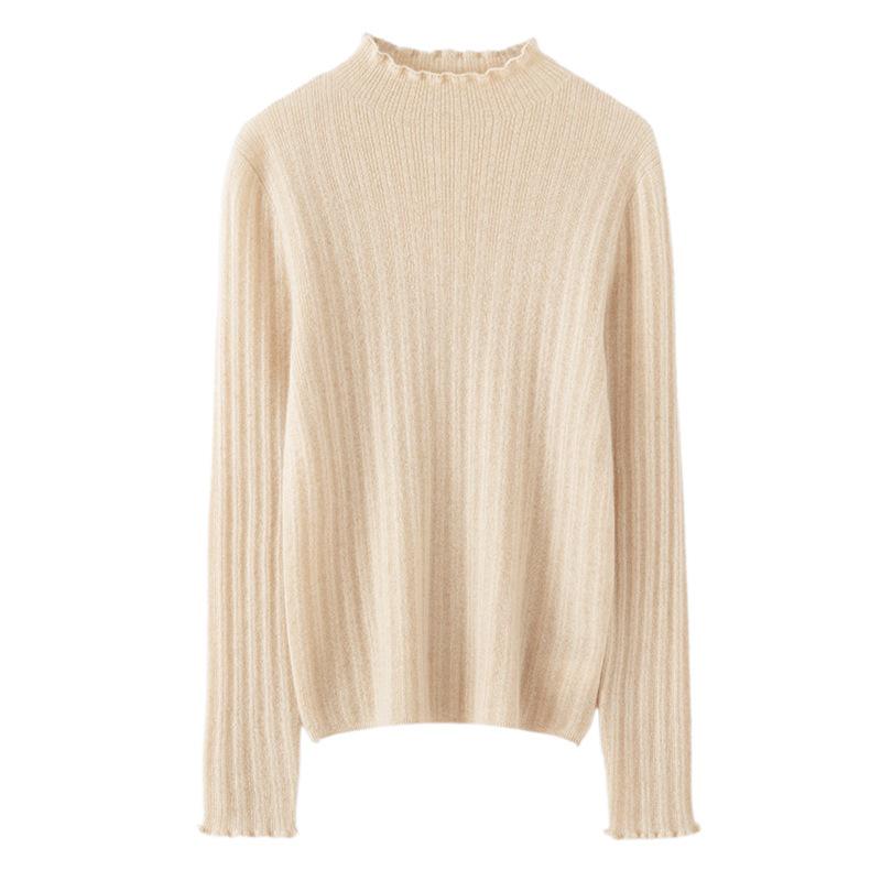 Women's 100% Pure Cashmere Striped Lurex Sweater - Half-High Neck, Long Sleeve Knitwear for Autumn and Winter