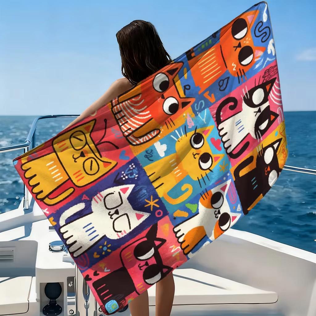 1Pc Nine Grid Cute Cat Print Large Beach Towel Sand Free Quick Dry Soft Towel For Beach Pool Yoga Gym Sports Home Daily Leisure