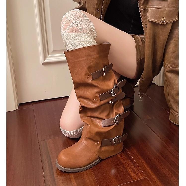 Vintage belt buckle trouser tube western cowboy boots women's medieval stacking boots bundle thick sole heightening long tube Martin boots