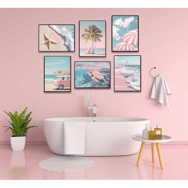 6Pcs Summer Beachy Wall Art Fresh Pink Tropical Ocean Art Print Beach Chairs Starfish Surfboard Palm Tree Wall Decor Retro Coastal Canvas Picture Bus