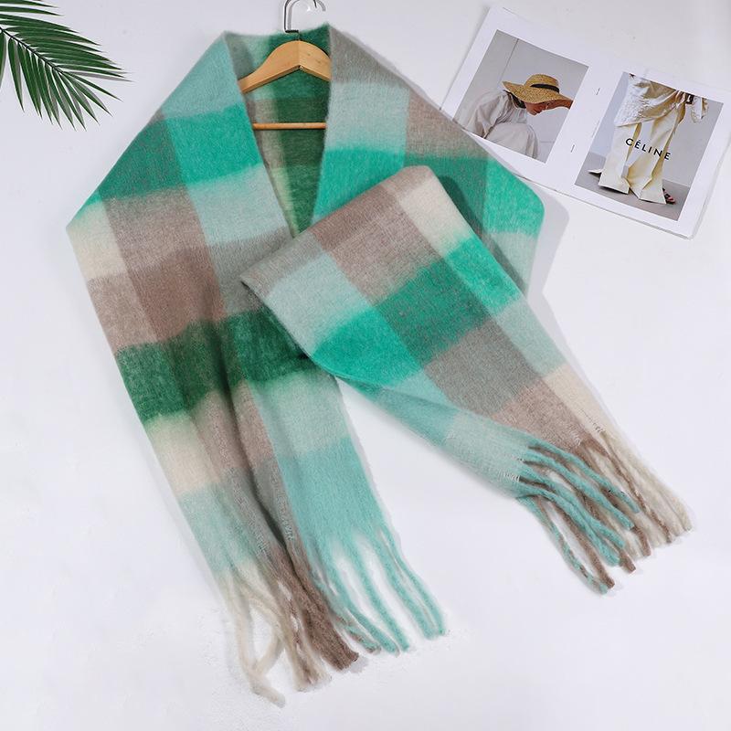 Autumn and winter European and American color matching AC imitation cashmere thick fringed scarf rainbow plaid mohair warm female student plus
