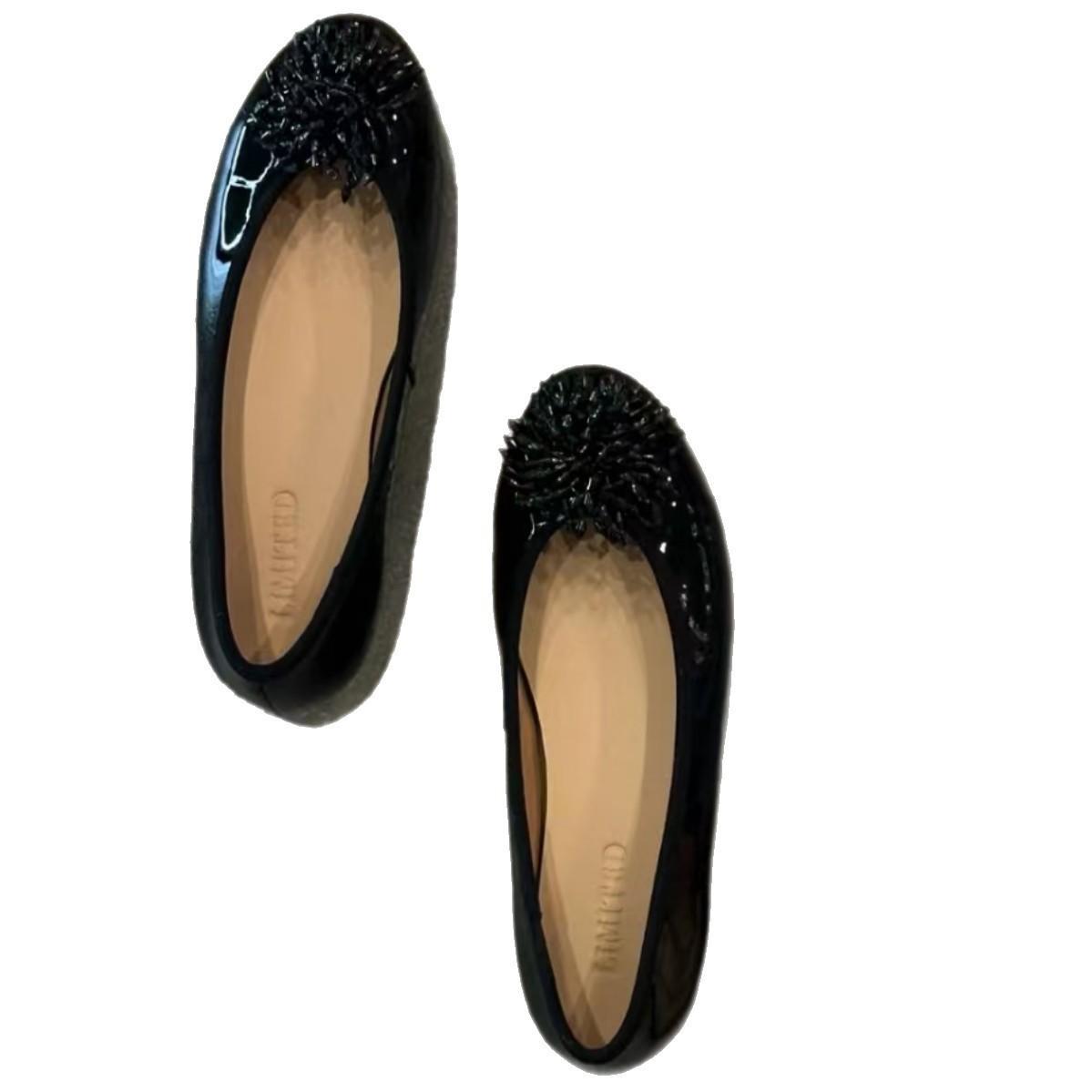 

Sheepskin version~ 2025 new high-end rhinestone fireworks shallow mouth single shoes women s skirt round head flat-soled ballet shoes 40 чёрный