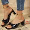 Fashion Elegant Ladies Slip On Bowknot Sandals 2025 Patent Leather Square Toe High Heels Mules Shoes Woman Plus Size 42 Sandalias Mujer