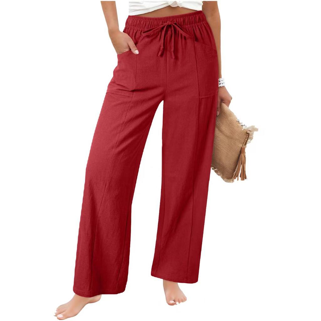 Women's Linen Cotton Drawstring Elastic Waist Wide Leg Pants Casual Loose Straight Leg Trousers with Pockets for Summer