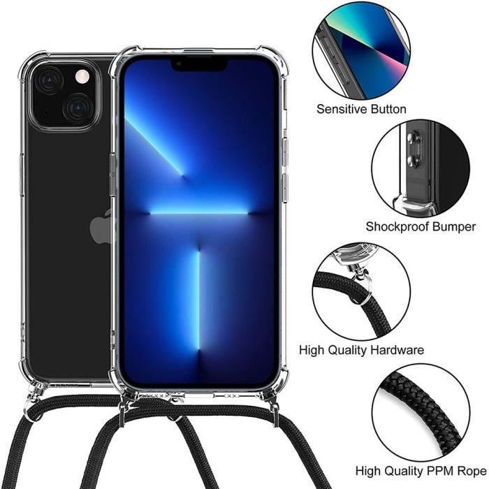 Coque avec collier cordon - pour iPhone 13 Pro - Souple - Anti-rayure - Vert - Silicone TPU