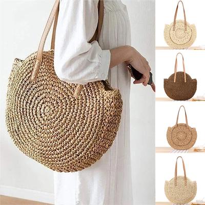 Sac à main tissé Boho pour femmes, fourre-tout de plage d'été, sac en paille rond en rotin, sac à bandoulière