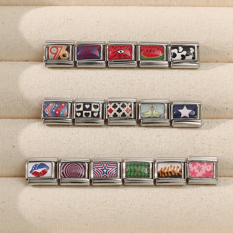 2026 Women Colored Star 1976 Eyes Heart Swan Watermelon Charms Italian Links Fit 9mm Bracelet Stainless Steel DIY Making Jewelry