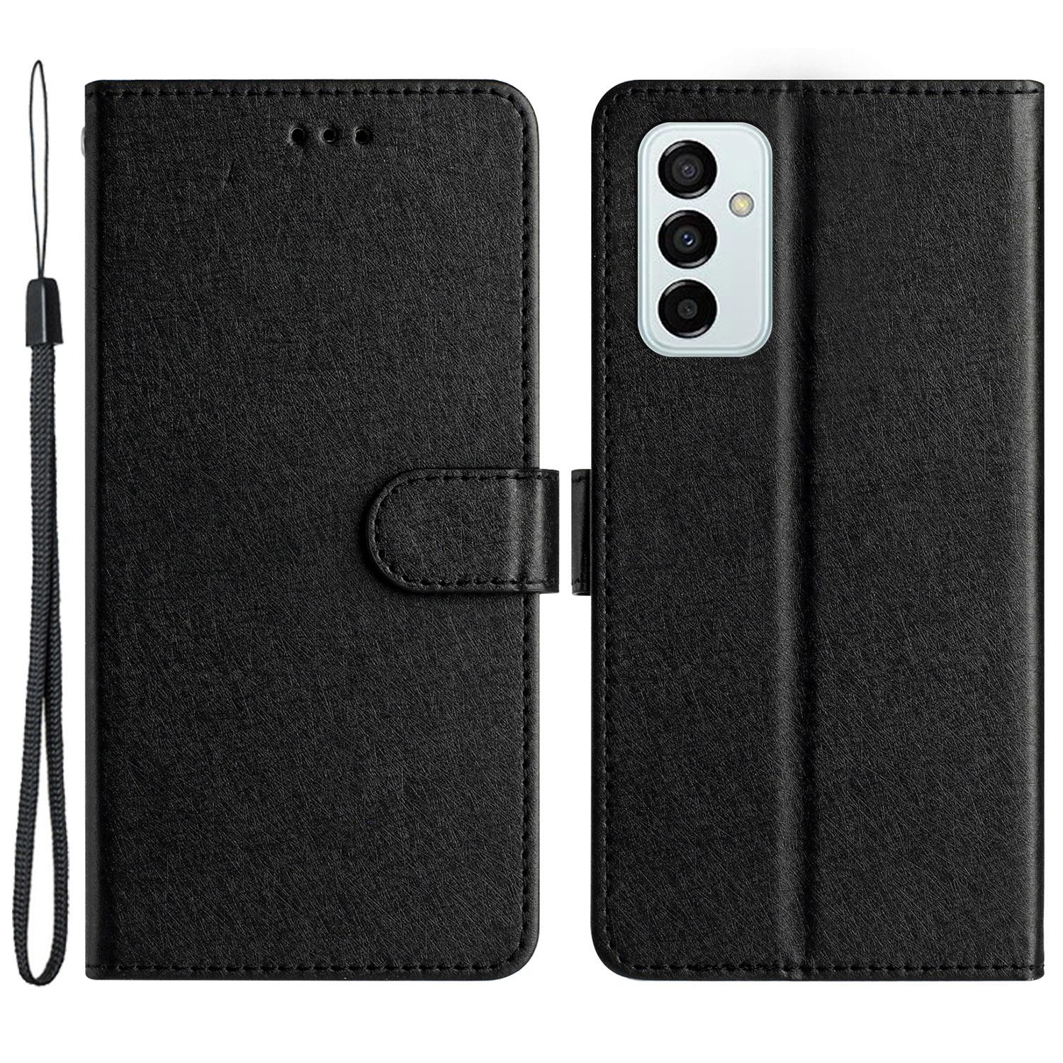 

Anti-fall Phone Wallet for Samsung Galaxy M52 5G Silk Texture PU Leather Stand Cover Hand Strap Flip Case Black