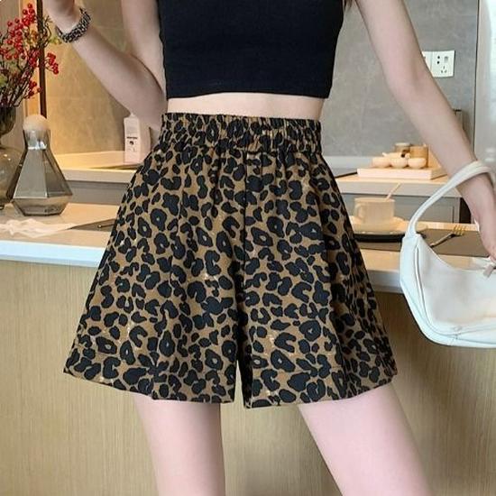 Leopard Print Plus Size High Waist Wide Leg Shorts - Women s Summer Slimming Casual A-Line Hot Pants L (Recommended 100-130 Jin)
